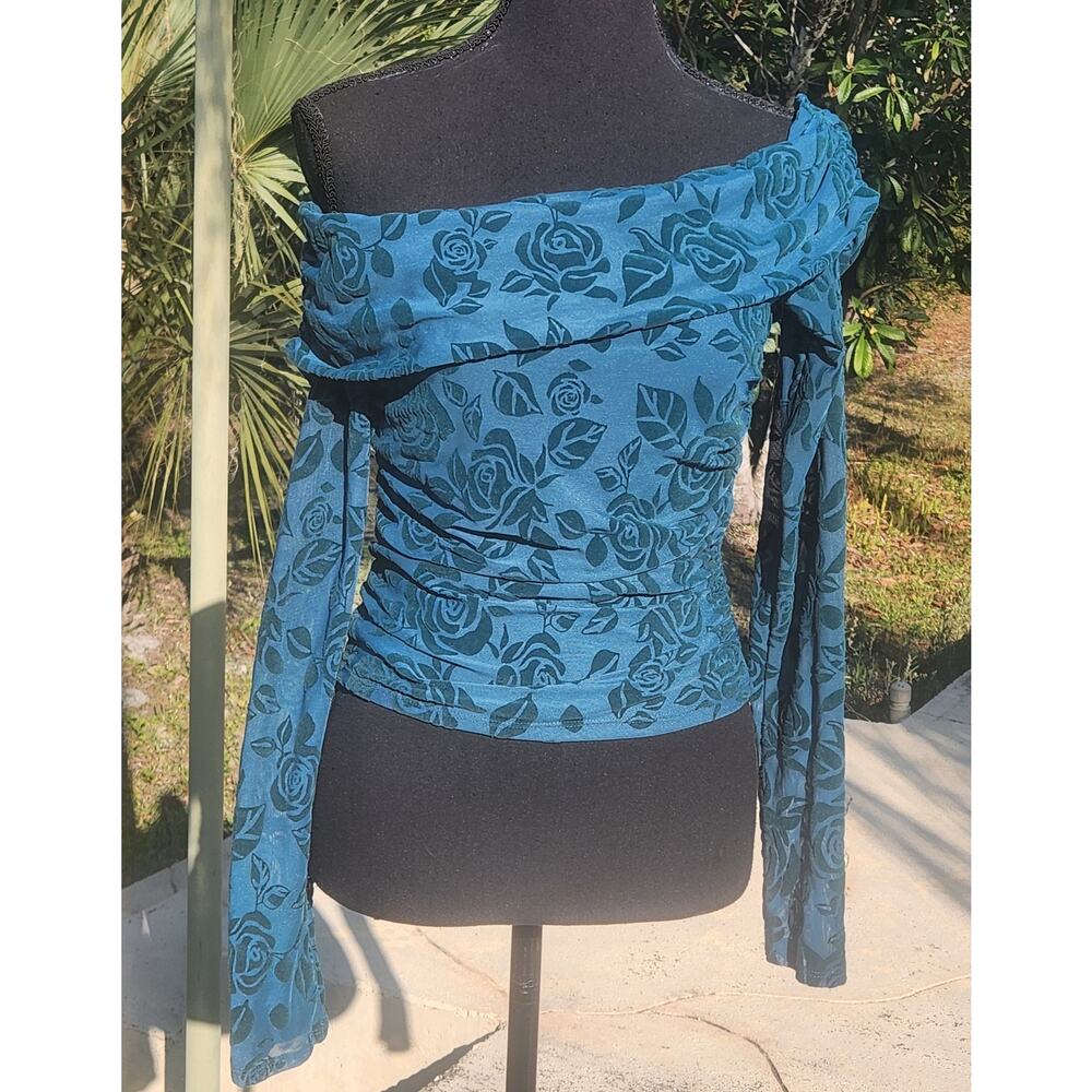 Sheer BURNOUT VELVET TOP off shoulder ROSE FLORAL Teal Blue Small WHIMSIGOTH